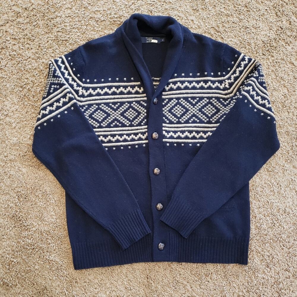 J Crew 100% lambswool shawl collar knit cardigan navy blue fair isle tan M
